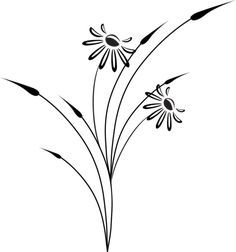 black and white drawing of three flowers on a white background, with long stems in the foreground