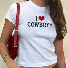 🤠 I Love Cowboys Baby Tee 🤠  I Love Cowboys Baby Tee | J'Adore Cowboys Top | 00s Women's T-Shirt | Y2K Retro Style | Aesthetic Top | I heart Cowboys | Y2K Cute Shirt | Vintage Tshirt | Coquette Y2K Fitted Tshirt ✨ FABRIC CONTENT Made with 100% US cotton ✨ SIZING The fit with a classic crew neck is supposed to be a bit longer than a crop top. If you want a true tight baby tee fit, you might want to size down, based on feedback from some of our customers. If you prefer a more relaxed vibe or don I Heart Cowboys, I Love Cowboys, Gothic Crop Tops, 2000s Tops, Country Girl Shirts, Cowboy Baby, Cool Baby, Cowboys Shirt, Baby Cowboy