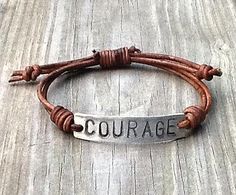 COURAGE ID Bracelet, silver, leather, Hand Stamped, Inspirational jewelry, bracelet with words, affirmation bracelet Adjustable Stamped Brown Bracelets, Adjustable Silver Leather Bracelet With Hand Stamped Details, Adjustable Silver Leather Bracelet Hand Stamped, Meaningful Stamped Adjustable Bracelet, Adjustable Stamped Meaningful Bracelet, Meaningful Adjustable Stamped Bracelet, Inspirational Adjustable Stamped Bracelets, Meaningful Adjustable Stamped Bracelets, Adjustable Hand Stamped Leather Bracelet As Gift