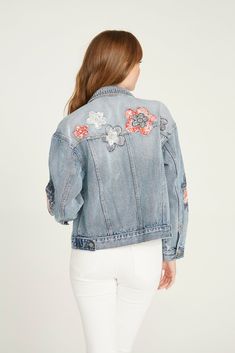 Denim Jacket - American Bandstand – Driftwood Jeans Spring Denim Jacket With Floral Print, Trendy Denim Jacket With Floral Print, Trendy Floral Print Denim Jacket, Casual Floral Print Denim Jacket For Spring, Blue Denim Jacket With Floral Print, Casual Blue Denim Jacket With Floral Print, Casual Floral Print Denim Jacket For Fall, Denim Jacket With Floral Embroidery For Fall, Fall Denim Jacket With Floral Embroidery