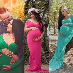 three photos of pregnant women in different colors and sizes, one is wearing a green dress