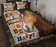 a bed with a horse on it and the words today i choose to be happy