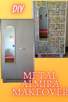 an advertisement for metal almir makeover with pictures on the wall and door to it