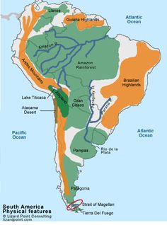 the south american physical features map with major rivers, lakes, and plains labeled in red