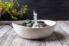 a bowl filled with rocks and water on top of a wooden table next to a potted plant