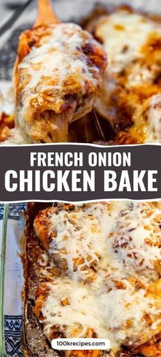 french onion chicken bake in a glass casserole dish with text overlay