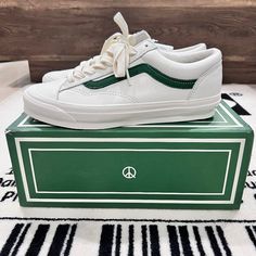 Brand New In Box And Dustbag. Vans X Museum Of Peace And Quiet Og Style 36 Lx 'White Green' Vn0a4bvebc2 White Leather Upper With Green Vans Trademark Stripe. Unisex. Size 8us Men / 9.5us Women. Peace & Quiet Painted Logo On Soles. Rare Find. Fb Ig Bensurbanbargain White Leather Vans Sneakers, Museum Of Peace And Quiet, Green Vans, Vans White, Low Shoes, Peace And Quiet, Mens Vans, Green Leather, Vans Shoes