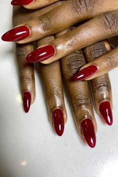 15 Stunning Red Nail Ideas Perfect for Dark Skin - Black Girl Aesthetics Red Nails Colors Shades, Deep Red Stiletto Nails, Red Oval Nails With Design, Maroon Nail Designs Burgundy, Simple Red Nail Designs, Dark Red Nails Acrylic, Medium Oval Nails, Pomegranate Nails, Apple Red Nails