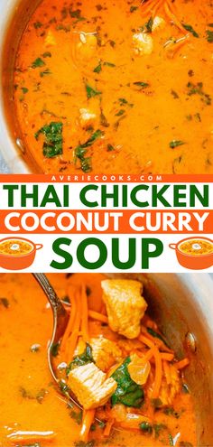 A simple soup recipe featuring Thai red curry paste! This chicken dinner idea in one pot is easy and ready in just 20 minutes. Healthy yet hearty with amazing flavor, this Thai Chicken Coconut Curry Soup will become one of your go-to comfort food! Thai Red Curry Chicken Soup, Chicken Curry Soup Coconut, Coconut Curry Soup Recipes, Curry Soup Recipes Coconut, Red Thai Curry Soup, Thai Coconut Curry Chicken Soup, Red Thai Coconut Curry, Chicken Coconut Curry Soup, Thai Chicken Coconut Curry