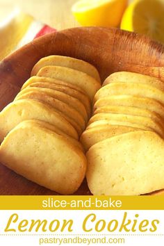 lemon slice and bake cookies in a wooden bowl on a yellow background with text overlay