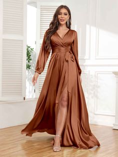 Long Sleeve Satin Dress, Gia Dress, Satin Dresses Long, Satin Formal Dress, Long Sleeves Dress, Soiree Dress, Exquisite Gowns, Stunning Prom Dresses, Burnt Orange Dress