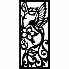 an intricately designed wall panel with a bird and flowers in black on a white background