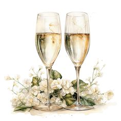 two champagne flutes with white flowers and greenery in the foreground on a white background