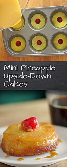 mini pineapple upside down cakes on a white plate with a cupcake tin in the background