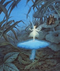 an illustration of a fairy on a mushroom in the woods with two men behind it