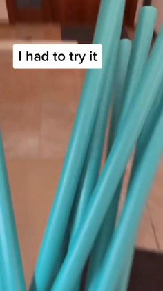 there are many blue hoses in the vase on the floor and one has a caption that says i had to try it