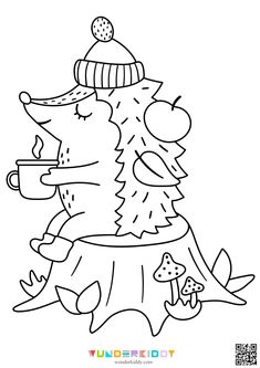 a cartoon character is drinking coffee while wearing a knitted hat and holding a mug