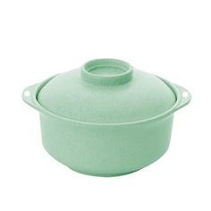 a green casserole dish with a lid on the side and a white background