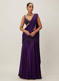 Purple Pre - Draped And Crystal Embroidered Satin Saree Set Vvani By Vani Vats - Fabilicious Fashion Saree For Sangeet, Shoulder Tassels, Pre Draped Saree, Saree Satin, Vani Vats, Draped Saree, Purple Saree, Crystal Embroidery, Vacuum Storage