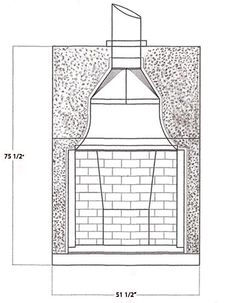 a drawing of a brick fireplace with the top and bottom section drawn out, showing how it