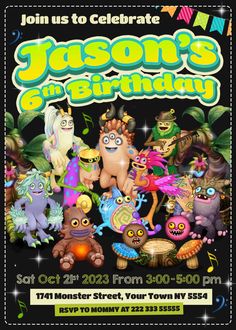 a birthday party flyer with cartoon characters on the front and back, including an image of monsters