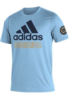 Keep cool while showing your Philadelphia Union spirit in this Light Blue Creator T Shirt. This Short Sleeve is the perfect Tee for working out, heading to class, or cheering on the Union. Featuring a screen print team graphic on center chest, there's no mistaking your Philadelphia Union pride in this Union Creator T Shirt! Climalite fabric pulls moisture away from the skin and pushes it towards the outer fabric face for quick-drying comfort, Stay drier longer during the grind, Crew neckline, St Blue Short Sleeve Activewear For Sports Events, Moisture-wicking Team-colored Athleisure T-shirt, Blue Athletic Fit T-shirt In Athleisure Style, Blue Adidas Activewear For Gym, Blue Athletic Fit T-shirt Sporty Style, Blue Athletic Fit T-shirt For Athleisure, Blue Go-dry T-shirt For Sports, Blue Adidas Logo Top For Sports, Blue Graphic Print Activewear For Sports