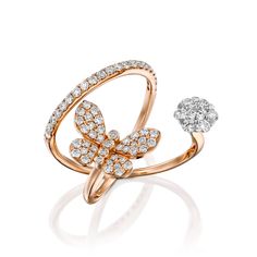 This beautiful butterfly shape diamond ring is a unique peace you do not see every day. 18k butterfly rose gold ring combined with natural diamonds creating a shape of a beautiful butterfly with a white gold diamond flower in a unique setting, creating a look of one big diamond. ♥ I use only high quality clean, sparkling natural diamonds ( H - VS ) ♥ This ring is set with 68 natural diamonds ( total carat of 0.97 ) ♥ The ring is made with great care from 18K rose gold total weight 4.75 ( any gol Elegant Butterfly Ring With Vvs Clarity Cubic Zirconia, Rose Gold Cubic Zirconia Butterfly Ring For Wedding, Rose Gold Butterfly Fine Jewelry, Fine Jewelry Diamond Butterfly Ring For Wedding, Fine Jewelry Butterfly Ring In Diamond White Cubic Zirconia, Diamond Butterfly Ring For Wedding, Fine Jewelry Style, Elegant Butterfly Diamond Ring For Gift, Elegant Round Butterfly Ring With Cubic Zirconia, Elegant Butterfly Ring With Diamond Accents