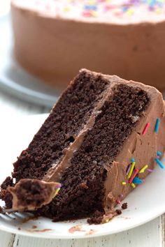 a slice of chocolate cake on a plate with sprinkles