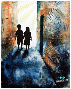 two children are walking down an alley way with their shadows on the wall and one child is holding his hand