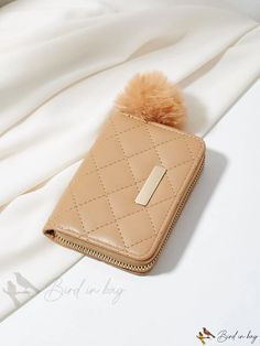 Bird in Bag - Leather Wallet with Pom Pom Decoration - Fashionable Design Beige Pouch Wallet With Interior Card Slots, Beige Zipper Pouch Wallet, Beige Pouch Clutch With Card Slots, Trendy Beige Pouch Wallet, Beige Clutch With Card Slots For Gift, Pom Pom Decorations, Diy Supplies, Small Wallet, Bird In Bag