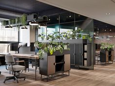 an office with plants in the middle of it