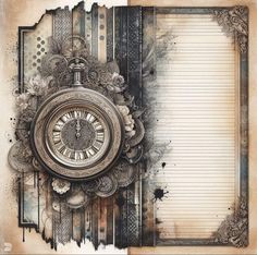 an altered photograph with a clock on it's face and some writing paper in the background