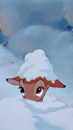 an animated sheep with red eyes peeking out from behind a pile of fluffy white snow