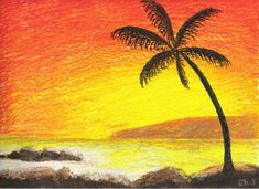 a painting of a palm tree at sunset