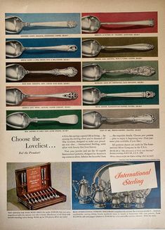 an advertisement for international silverware from the 1950's, showing different types of spoons and knives