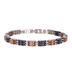 A unique blend of weight, durability, and fashion, makes this an ideal choice for any occasion, whether thats dressing up for a night out, or for a regular day at work, you can wear this with confidence. Make a bold fashion statement in this stainless steel men's bracelet featuring chocolate and black stainless steel bracelet. A look he'll turn to time after time, this handsome style glistens with this unique stainless steel bracelet. The bracelet measures 8.5 inches in length and secures with a Brown Metal Bracelet For Formal Occasions, Formal Brown Metal Bracelet, Chocolate Man, Chocolate Men, Handsome Style, Stainless Steel Bracelet Men, Time After Time, Men's Bracelet, Black Plates