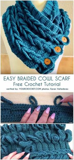 an easy crochet scarf with buttons is shown in three different pictures and the text,