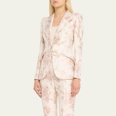 Alexander McQueen classic blazer jacket in an allover cherry blossom jacquard finish  Single-breasted front Peak lapel collar  Single button closure  Long sleeves Side flap pockets  Mid-length  Relaxed fit  Viscose Dry clean Made in Italy Jacquard Blazer, Soft Gamine, Evening Flats, Cocktail Jacket, Peak Lapel, Classic Blazer, Lingerie Sleepwear, Lapel Collar, Sport Coat