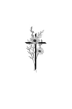 a cross with flowers and leaves on the side is drawn in black ink by hand