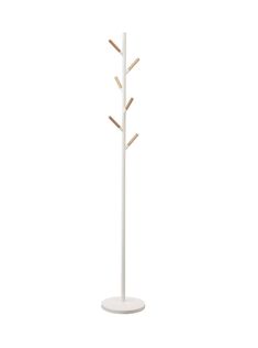 a white coat stand with three wooden sticks on it