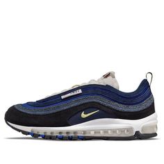 The Blue Nike Air Max 97 SE is part of the Air Max Running Club Collection. Its upper is made of navy textile with tonal suede overlays and smooth and hairy textures. The off-white finish on the laces and exposed foam tongue contrasts with the navy base, while additional branding elements include a yellow embroidered mini-Swoosh and mismatched tags that display ‘AMRC’ and ‘BVRTN, OR’ lettering. (SNKR/Retro/Men's/Light/Low Top) Nike Air Max 97 Red White And Blue, Blue Nike Air, Branding Elements, Navy Base, Running Club, Retro Men, Blue Nike, Nike Air Max 97, Low Top