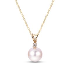 A lustrous Akoya saltwater cultured pearl is topped with a shimmering round diamond in this vibrant women's necklace. Crafted in 14K yellow gold, the 18-inch rope chain secures in place with a spring ring clasp and the pearls measure 6-6.5mm each. Classic Pearl Necklaces With Gemstones, Rose Gold Round Pearl Necklace In Fine Jewelry Style, Classic Pearl Necklace With Diamond Accents For Gift, Classic Pearl Necklace With Diamond Accents As A Gift, Yellow Gold Pearl Jewelry With Brilliant Cut, Yellow Gold Pearl Jewelry, Fine Jewelry Pearl Necklace With Diamond Accents, Pearl Necklace With Diamond Accents, Fine Jewelry Pearl White Necklaces With Diamond Accents