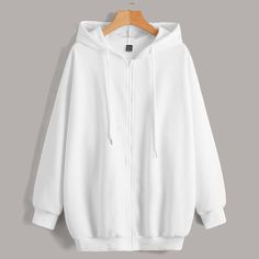 White Casual  Long Sleeve Polyester Plain Zip Up Embellished Non-Stretch Spring/Fall Women Sweatshirts Cheer Bag, Beige T Shirts, Janet Guzman, Women Sweatshirts, Cute Preppy Outfits, Simple Trendy Outfits, Zip Up Sweater, Trendy Fashion Women, White Hoodie