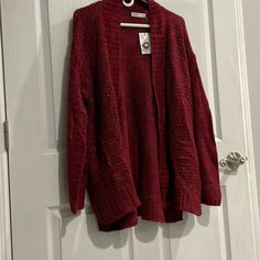 Nwt Women’s Medium Cardigan Sweater. Beautiful Red And Black With A Little Sparkle In There Too. Comes From A Smoke Free Home. Casual Burgundy V-neck Outerwear, Red Cozy Cardigan For Layering, Cozy Red Soft Knit Outerwear, Red Open Front Winter Sweater, Red Open Front Sweater For Winter, Red Open Front Top For Winter, Red Open Front Tops For Winter, Casual Burgundy Cardigan For Layering, Sherpa Cardigan