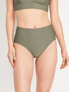 banded elastic waist high elastic leg openings french cut matte fabric sits at belly button fitted high coverage models are approx.  5'9" and wear sizes s (4), l (12), and xl (18)machine wash according to the care instruction label Matte Fabric, French Cut, Old Navy Women, Swim Bottoms, Belly Button, Summer Sale, Pink And Green, Old Navy, Elastic Waist