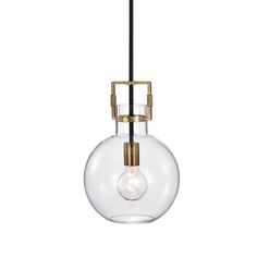 a clear glass light hanging from a ceiling fixture with a brass frame and black cord