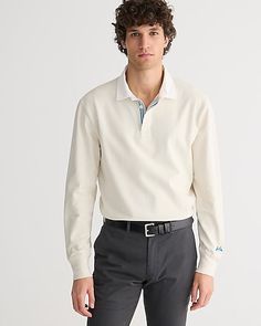 J.Crew: Rugby Shirt With Striped Placket For Men Johnny Collar, Mens Fashion Classy, New Pant, Polo Sweater, Collar Sweater, Rugby Shirt, Mens Casual Outfits, Suit Shop, White Denim