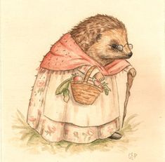 a drawing of a hedge in a dress with a basket on it's back