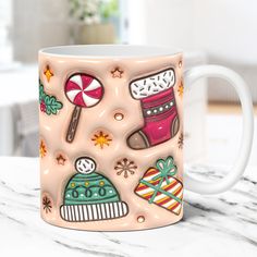 a coffee mug with christmas decorations on it