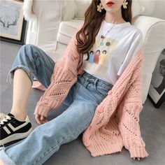 Style: commuting Size: one size Color: green, pink, beige Hollow Out Sweater, Thick Sweater, Thick Sweaters, Cardigan Women, Sweater Coat, Pink Beige, Sweater Coats, Cardigans For Women, Fall Fashion